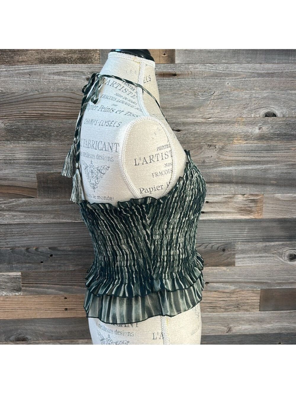 Moon River NWT Green Striped Smocked Ruffle Halter Top - Picture 3 of 9